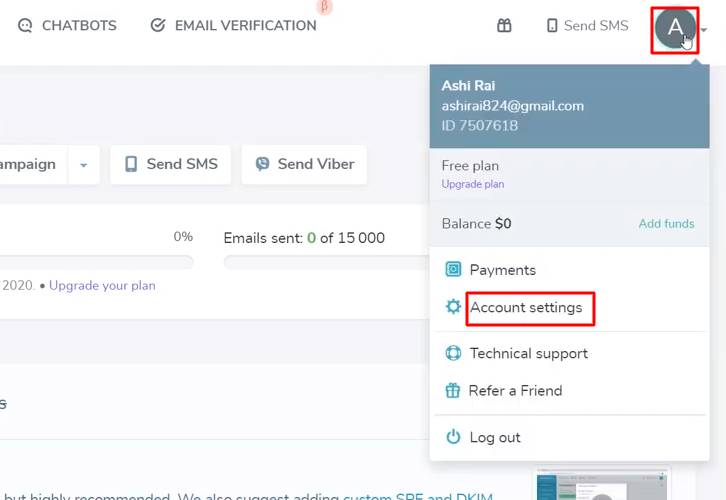 Click on Account Settings Sendpulse