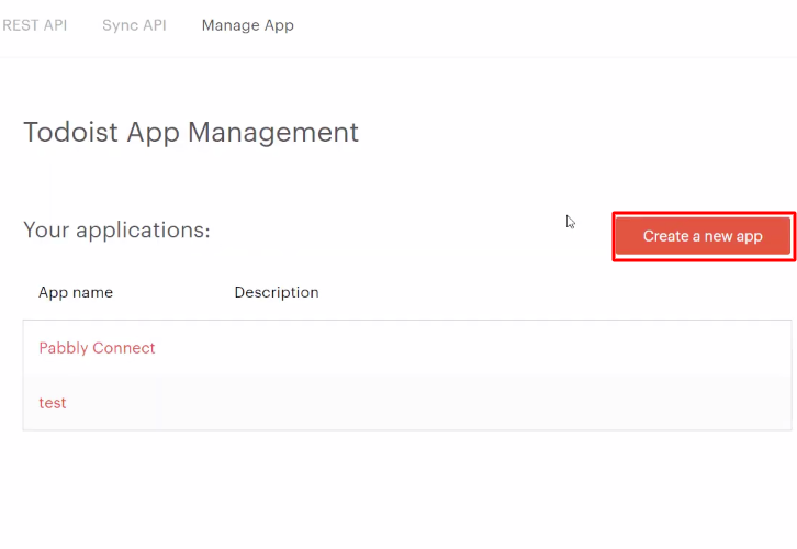 Click on Create New App Todoist