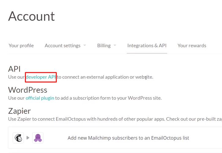 Click on Developers API EmailOctopus