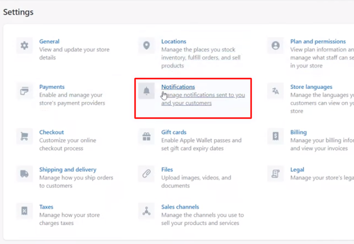 Click on Notifications Shopify