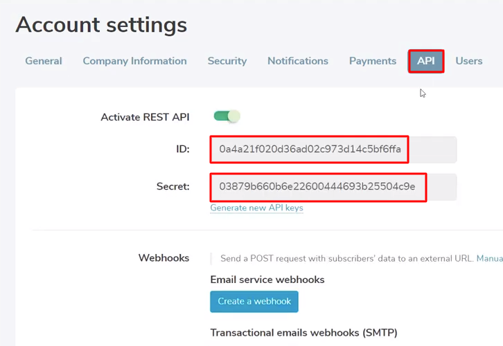 Copy API Key Sendpulse