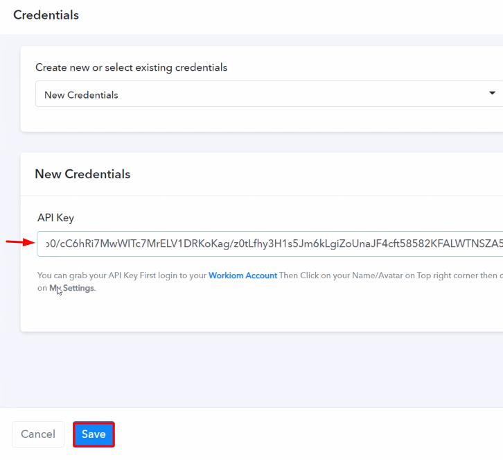 Paste the API Key Workiom