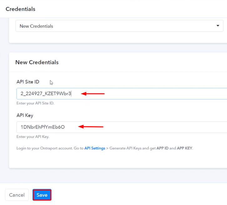 Paste the API Keys Ontraport