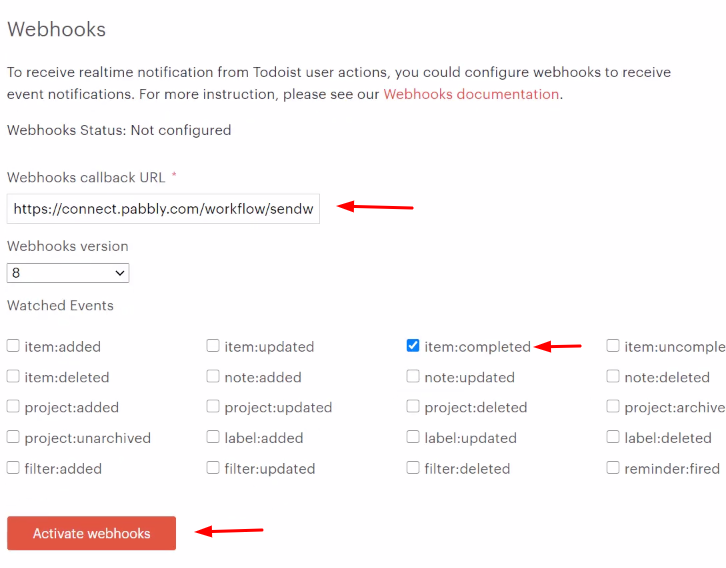 Paste the Webhook URL Todoist
