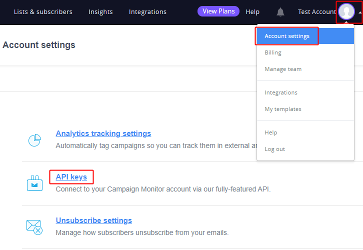 Account Settings Campaign Monitor