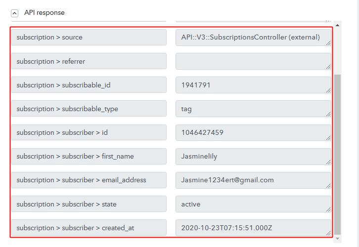 API Response for ConvertKit Action