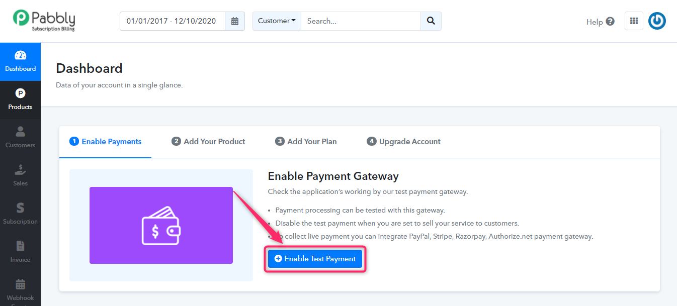 Click on Enable Test Payment