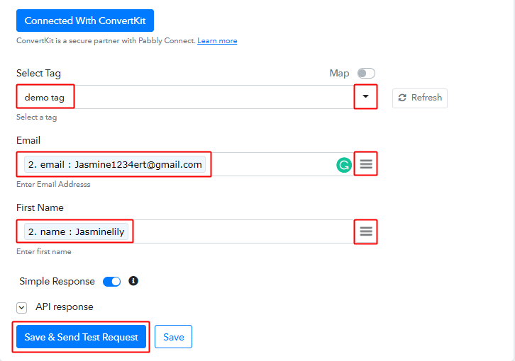 Map Fields & Send Test Request for ConverKit Action