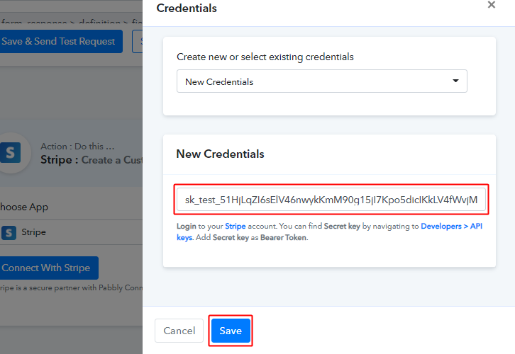 Paste API Key for Typeform to Stripe