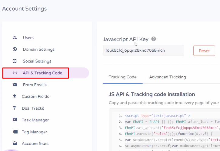 API & Tracking Code Engagebay