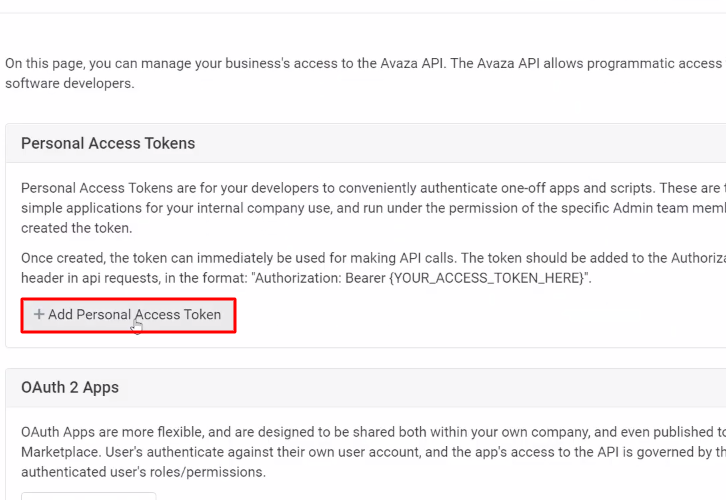 Click on Add Personal Access Token Avaza