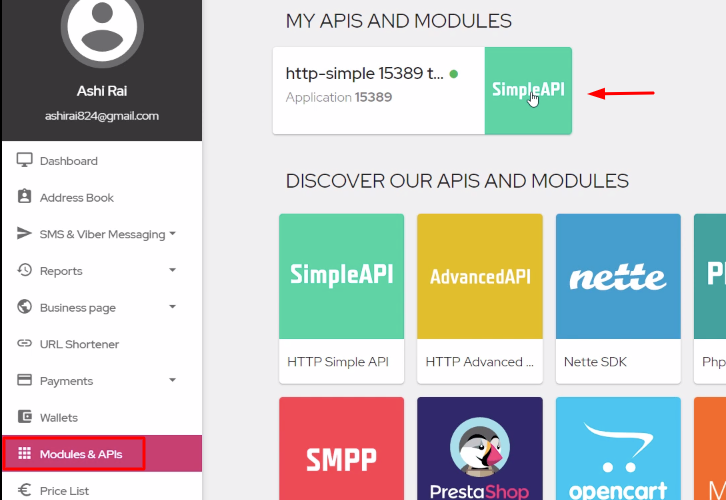 Click on Modules and API Bulkgate