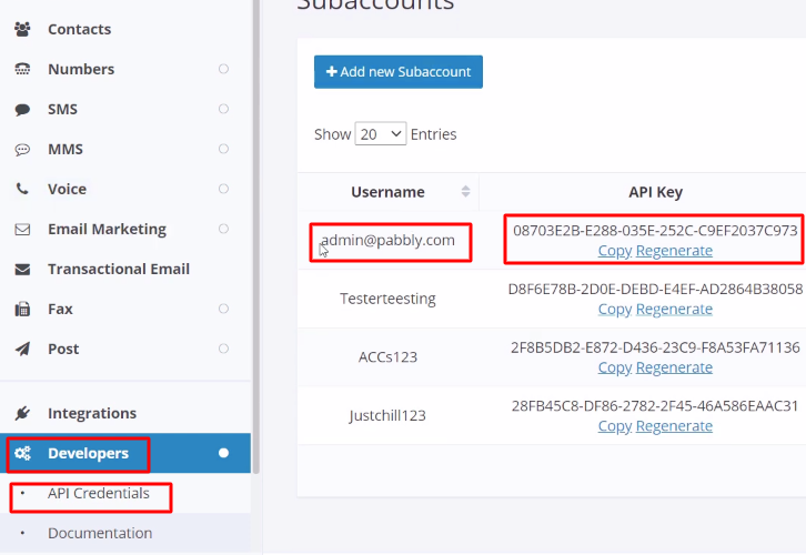 Copy the API Key Clicksend