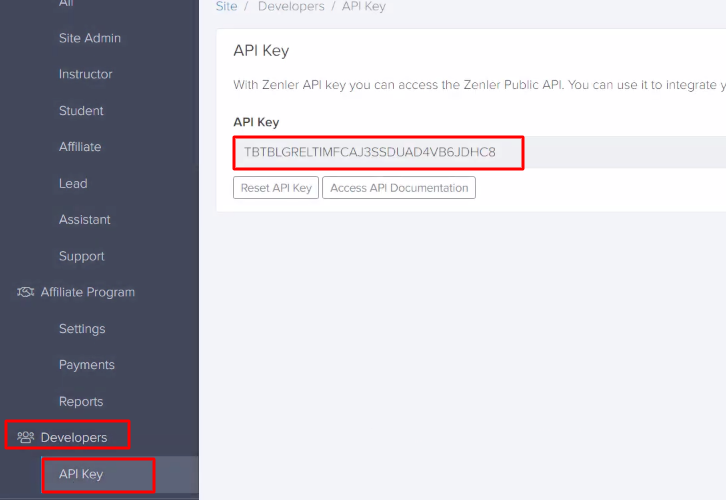 Copy the API Key Zenler