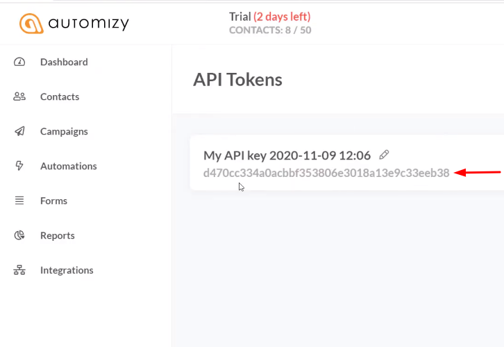 Copy the API Token Automizy