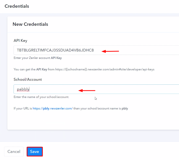 Paste the API Key Zenler