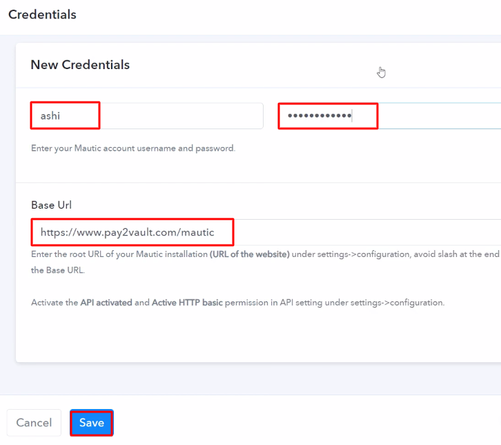 Paste the Credentials Mautic