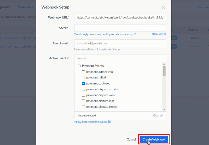 Click Create Webhook Razorpay