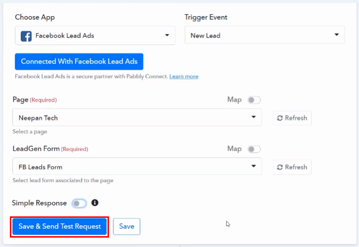 Save and Send Test Request Facebook