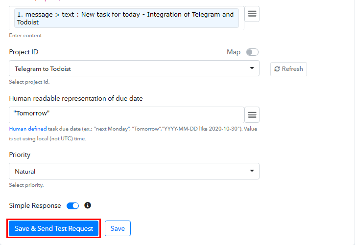 Save and Send Test Request Todoist
