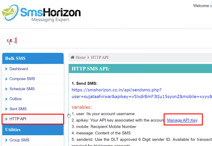 Click on HTTP API SmsHorizon