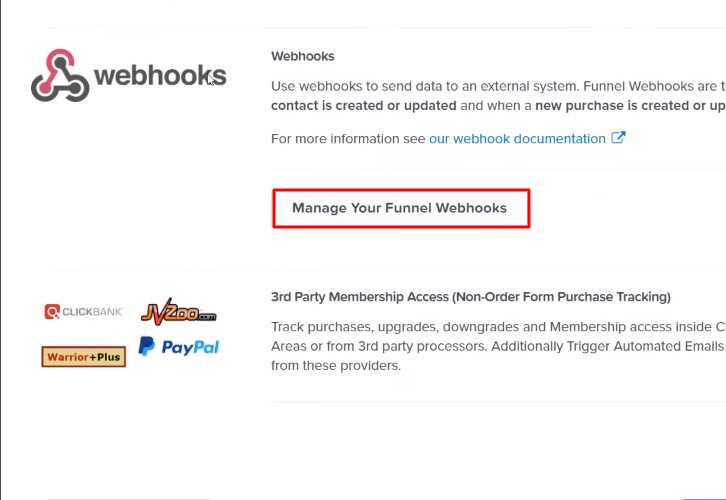 Click on Manage your Funnel Webhooks ClickFunnels