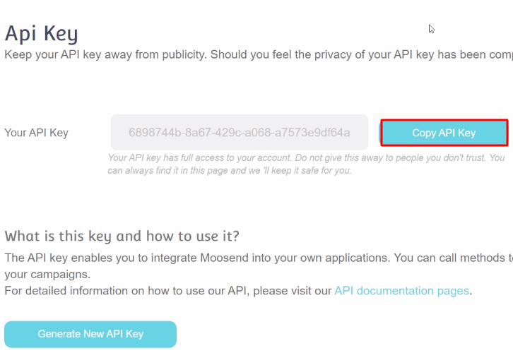 Copy API Key Moosend