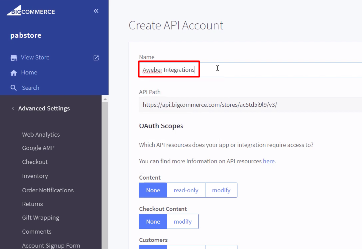 Name the API Account BigCommecre