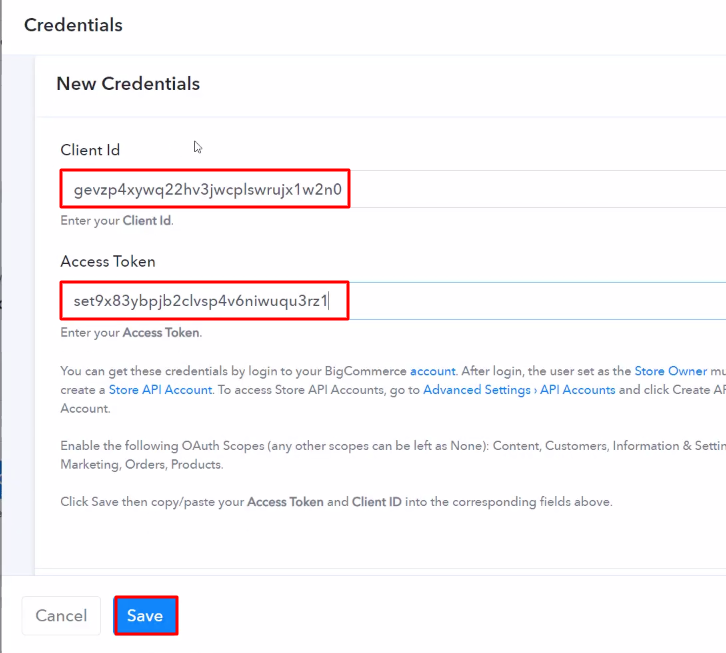 Paste the Credentials BigCommerce