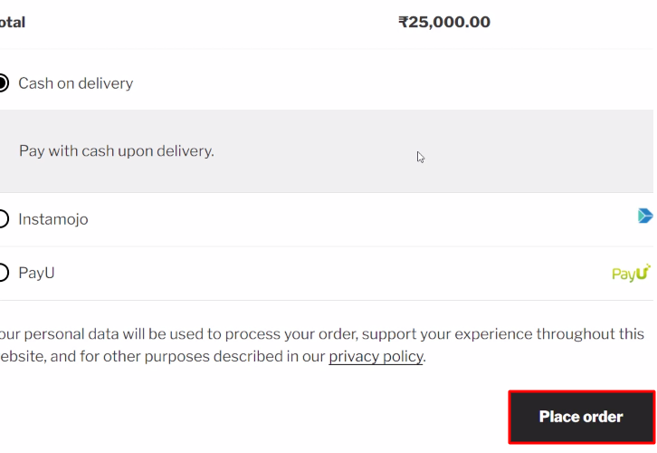 Place Order WooCommerce