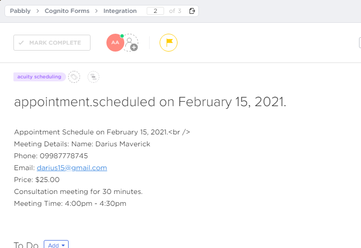 Check Response for Acuity Scheduling to ClickUp Integration