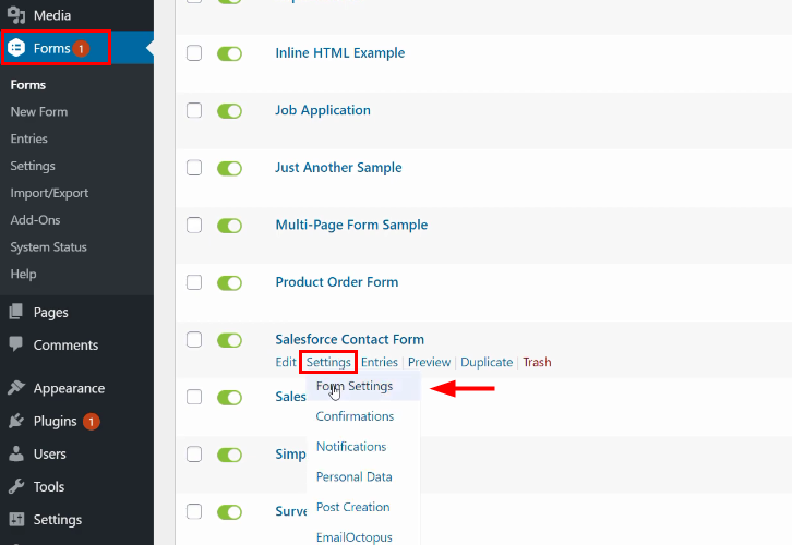 Go to Form Settings for Gravity Forms to Salesforce Integration