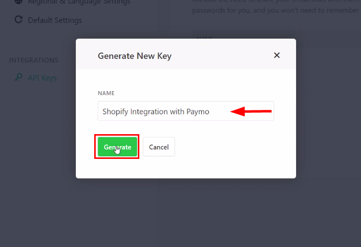 Name API Key as Shopify Integration with Paymo