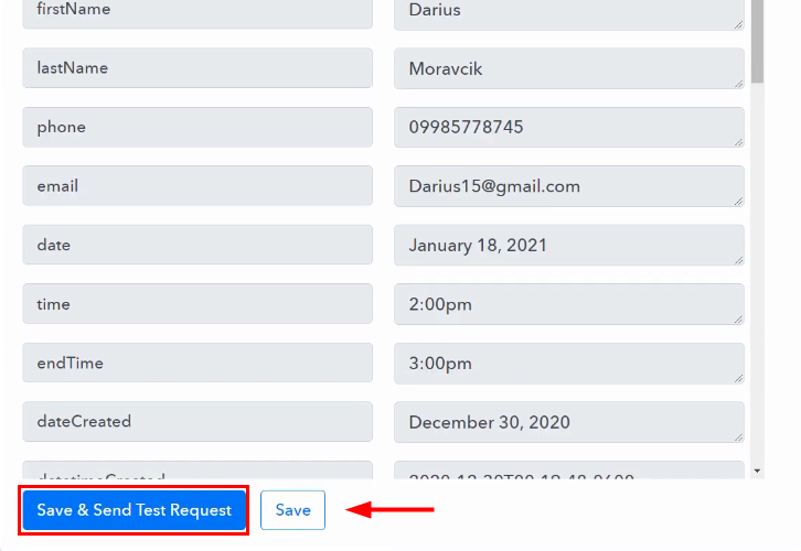 Save and Send Test Request