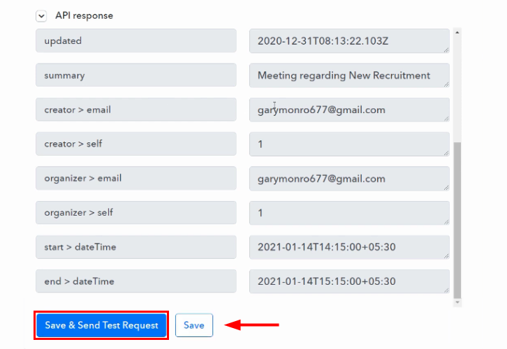 Save and Send Test Request for Google Calendar to ClickUp Integration
