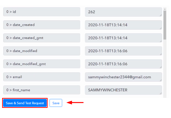 Save and Send Test Request