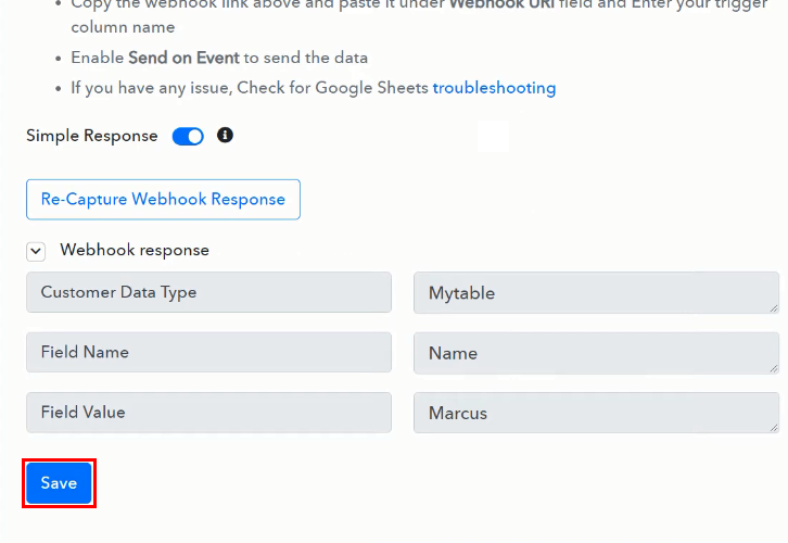 Test the Response for Google Sheets to Bubble Integration