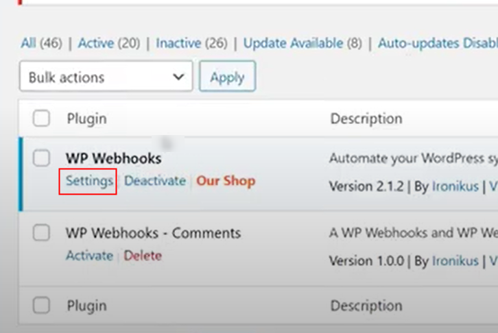 Click on WP Webhooks Settings