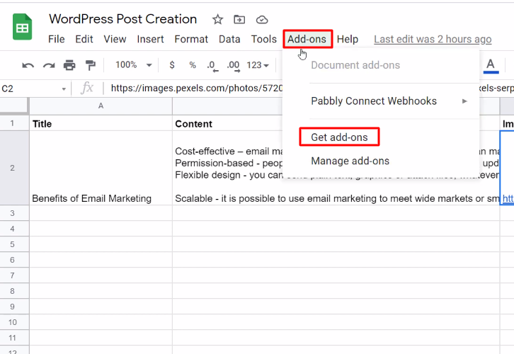 Click on Add-ons Google Sheets