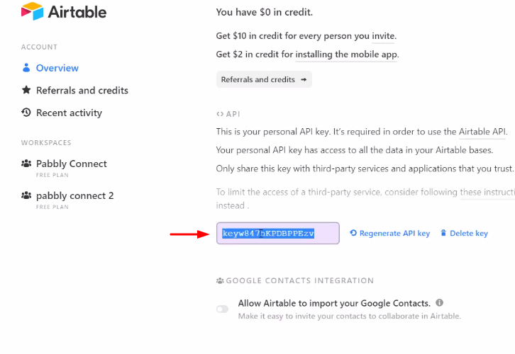 Copy API Key Airtable