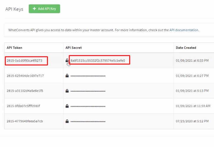 Copy API Token WhatConverts