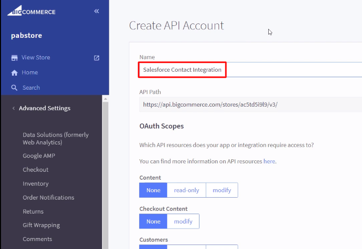 Name the API Account BigCommerce