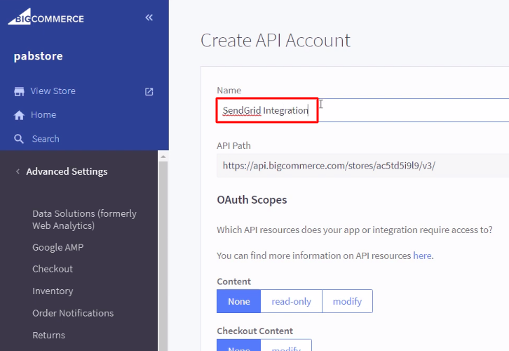 Name the API Account BigCommerce