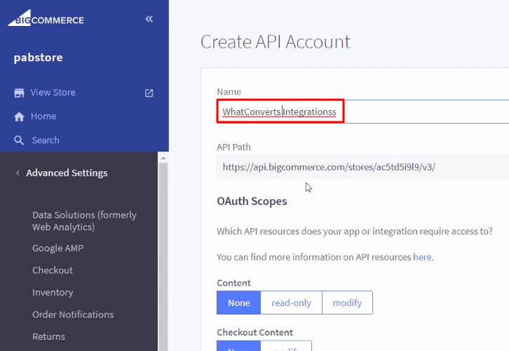 Name the API Account BigCommerce
