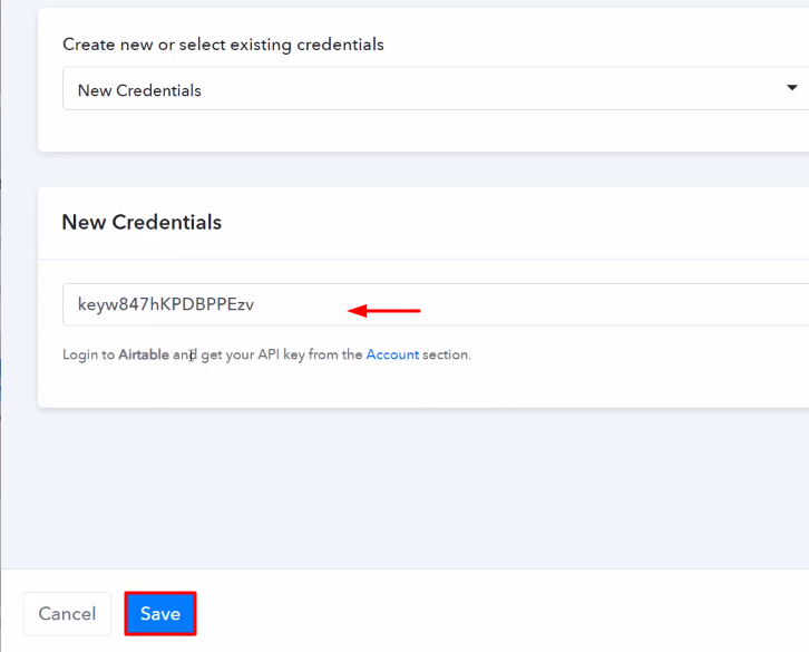 Paste the API Key Airtable