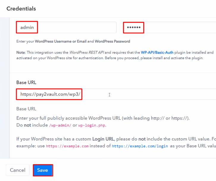 Paste the Credentials WordPress