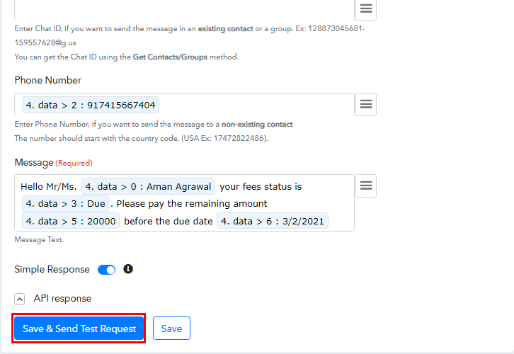 Save and Send Test Request for Google Sheets to WhatsApp Integration