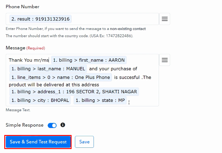 Save and Send Test Request for WooCommerce to WhatsApp Integration
