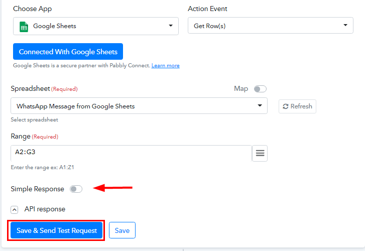 Save and Send Test Request for Google Sheets to WhatsApp Integration