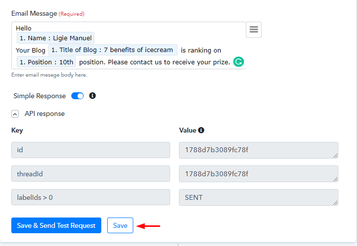 Check & Save Action Response for Google Sheets to Gmail Integration